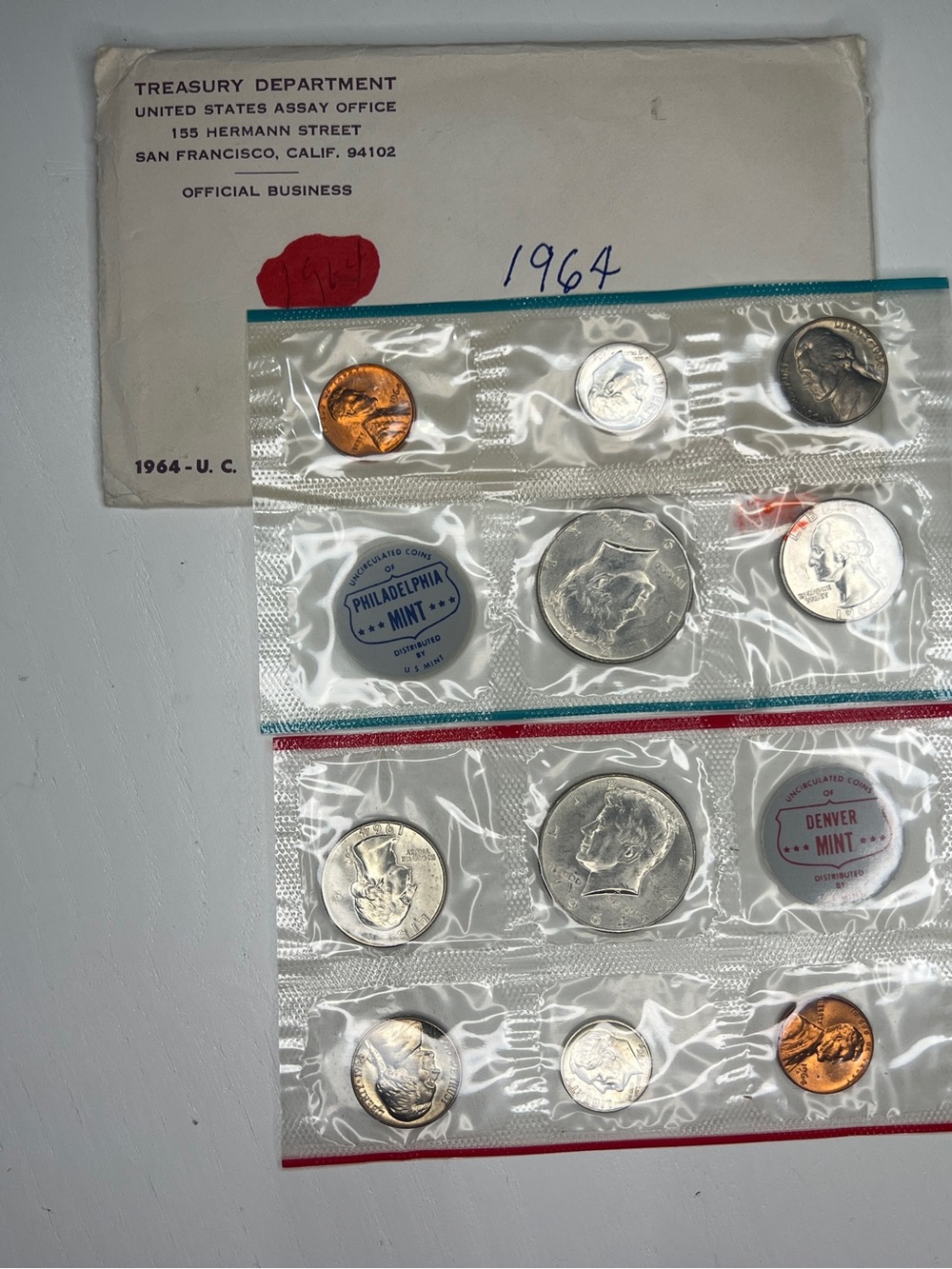 1964 U.S. Mint Uncirculated Coin Set - Philadelphia & Denver %90 silver